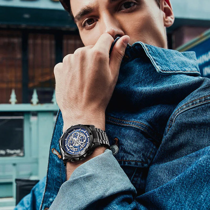 Men's waterproof luminous quartz watch with stainless steel belt in black and blue colour option
