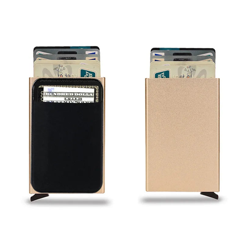 Slim aluminium metal credit card holder wallet with frosted finish shown in multiple colour options.