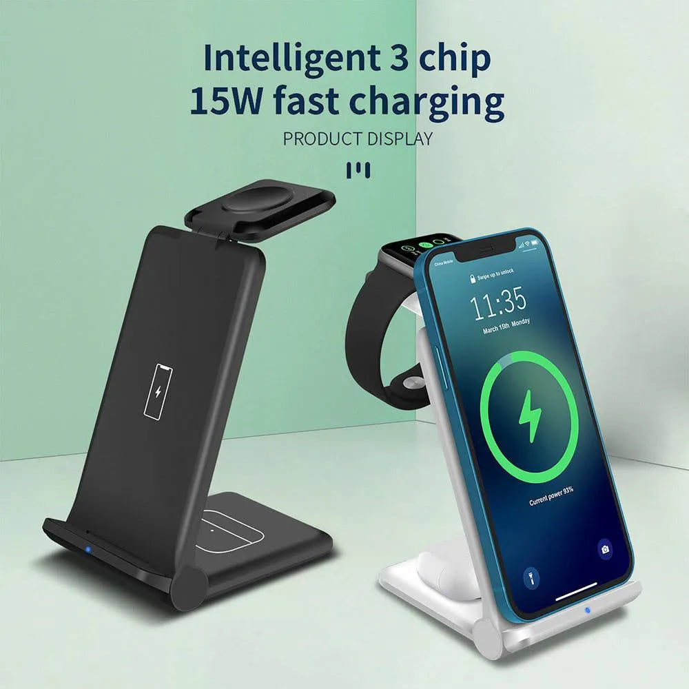 Black foldable 3-in-1 wireless charging station showing phone, Apple Watch and AirPods charging simultaneously.