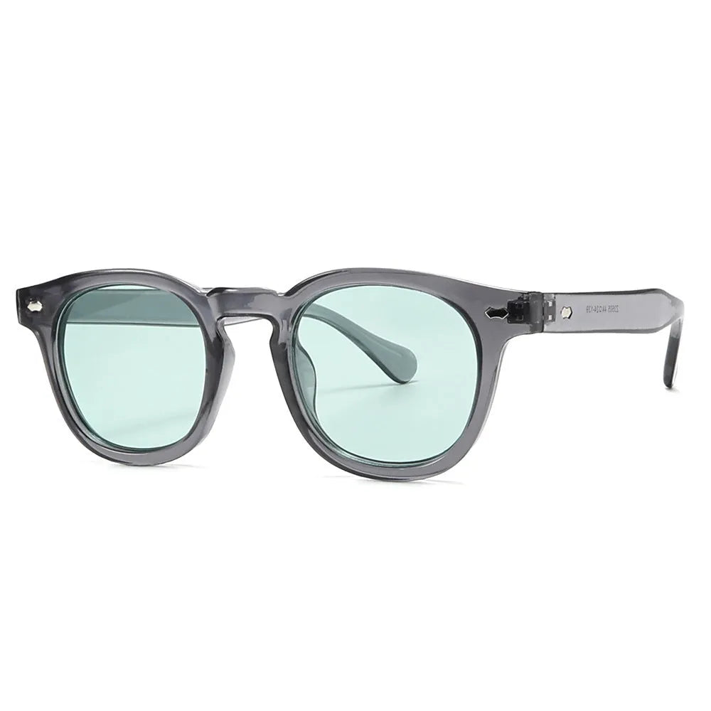 Round rim plastic sunglasses in bright black frame with black and grey lenses