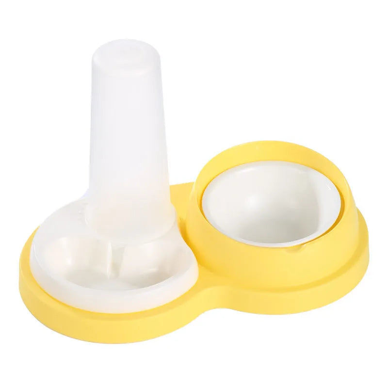 Grey and yellow dual pet food bowl with raised design for neck protection