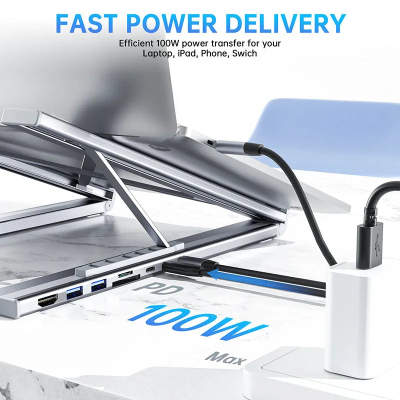 Aluminium alloy folding laptop docking station stand in 8-in-1 and 5-in-1 styles with HDMI port.