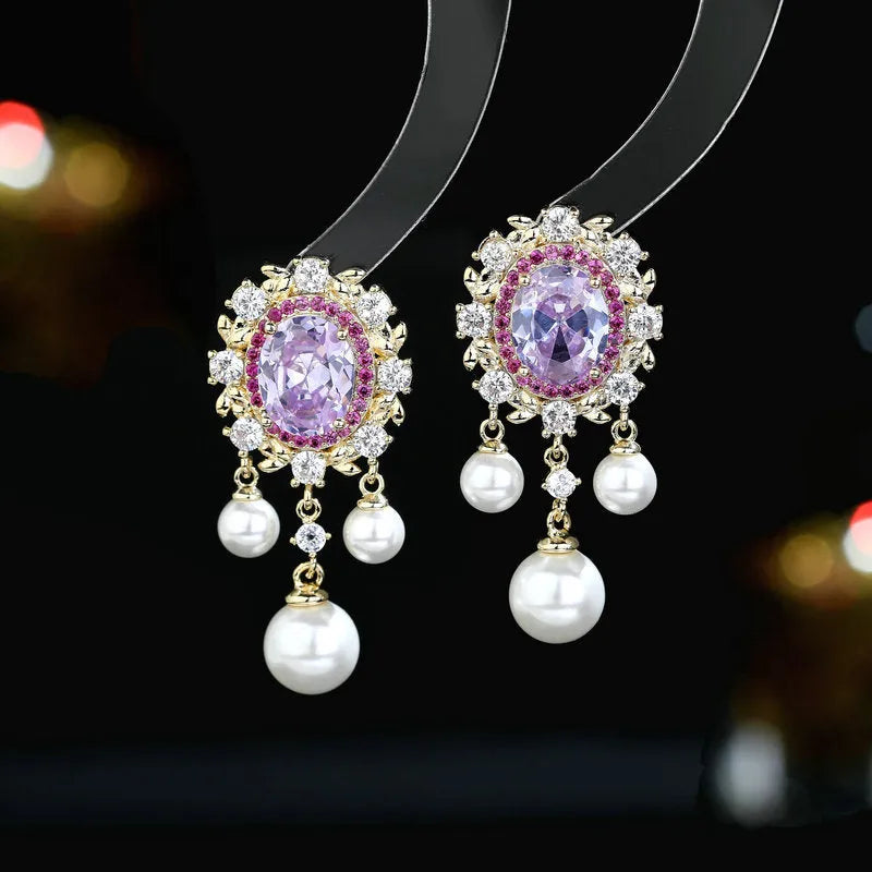 Oval geometric copper earrings with zircon inlays and pearl tassels in light purple colour option