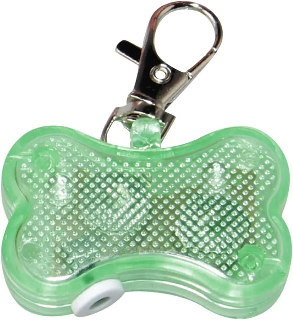 Blue bone-shaped LED pet pendant showing dimensions and attachment loop for collars