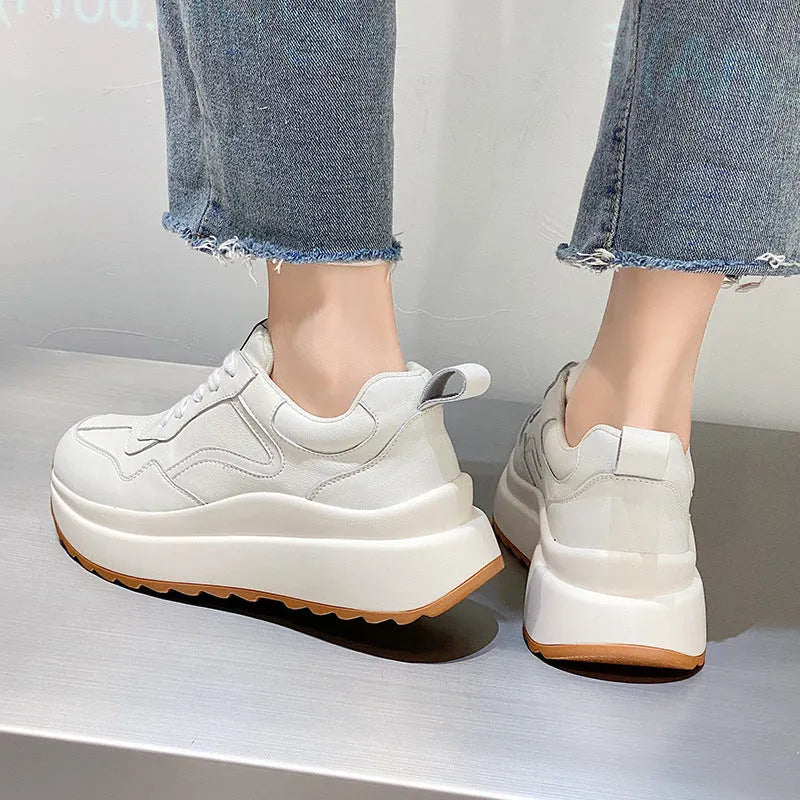 Women's beige cattlehide leather low-top casual sports shoes with cross-strap design