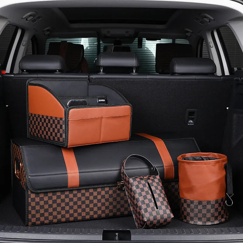 Retractable leather interior trash can with folding design and carrying handle