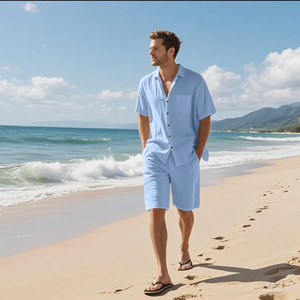 Linen blend short sleeve shirt and shorts leisure suit in Army Green colour