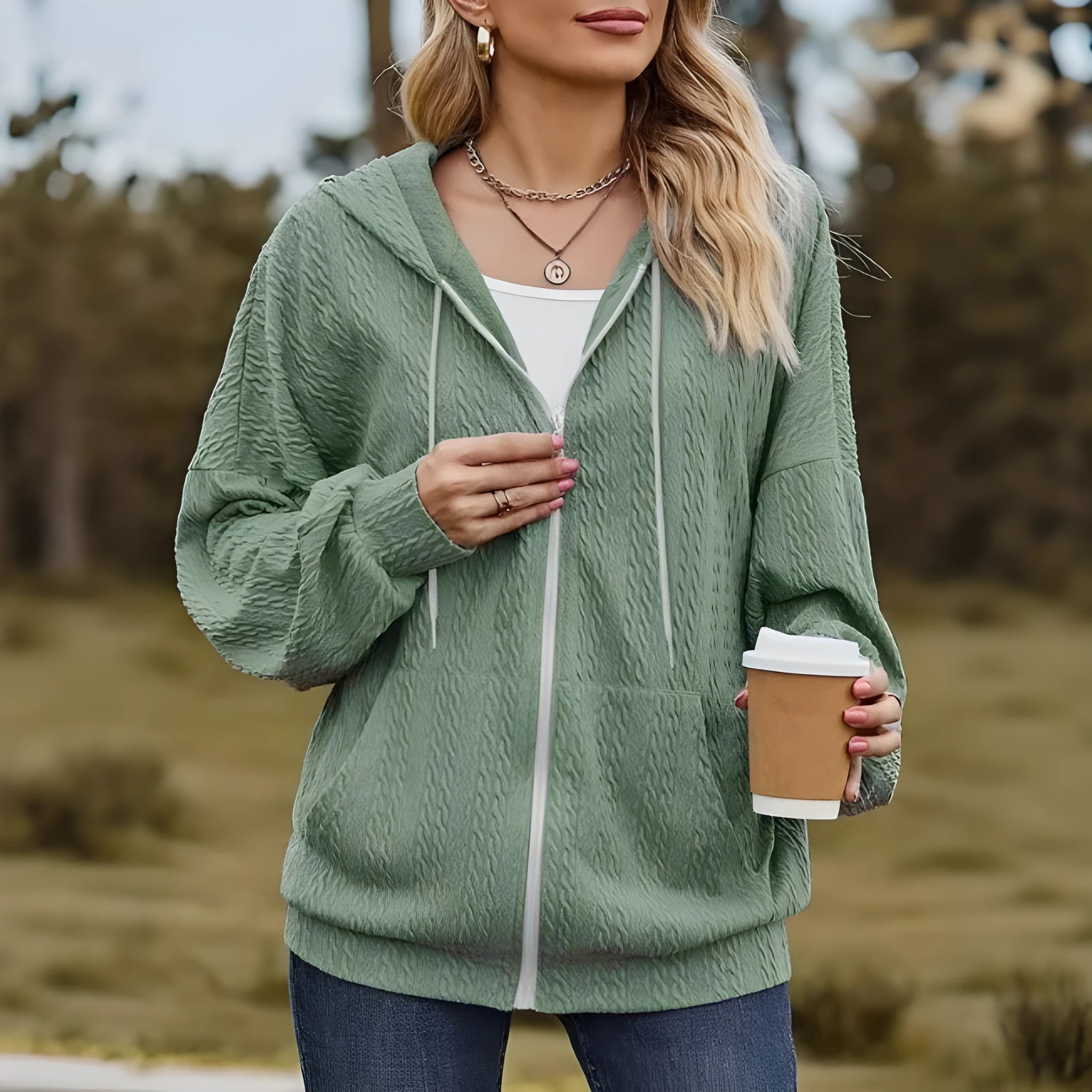 Green women's hooded sweater zipper coat with loose fit casual style