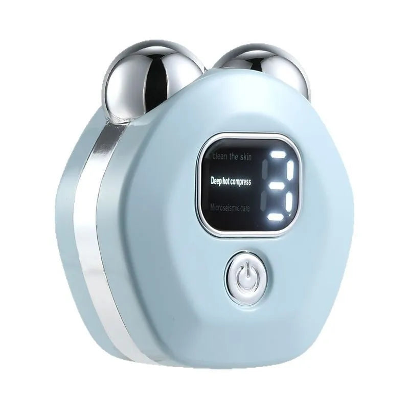 White portable hot compress massage instrument with double-roller head and charging cable