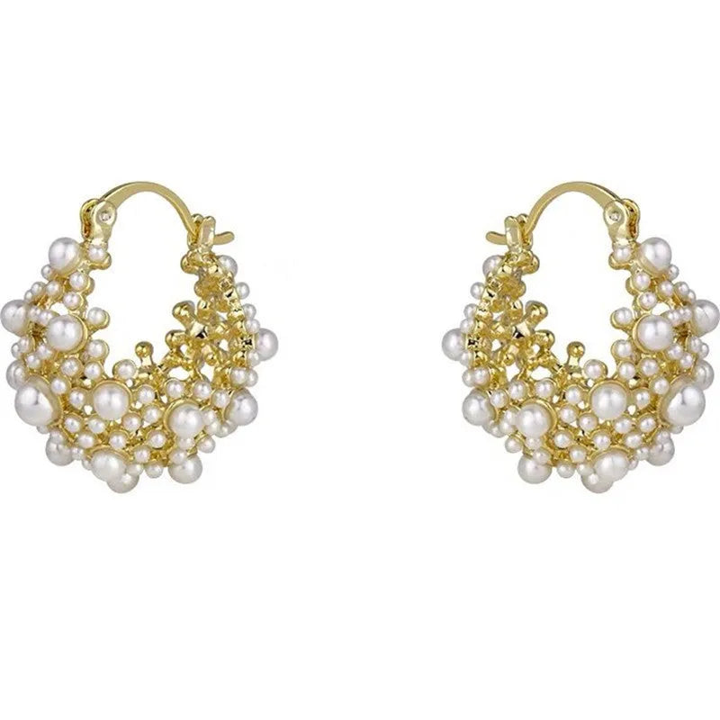 Gold copper women's flower basket earrings with small rice-shaped bead pearl inlay