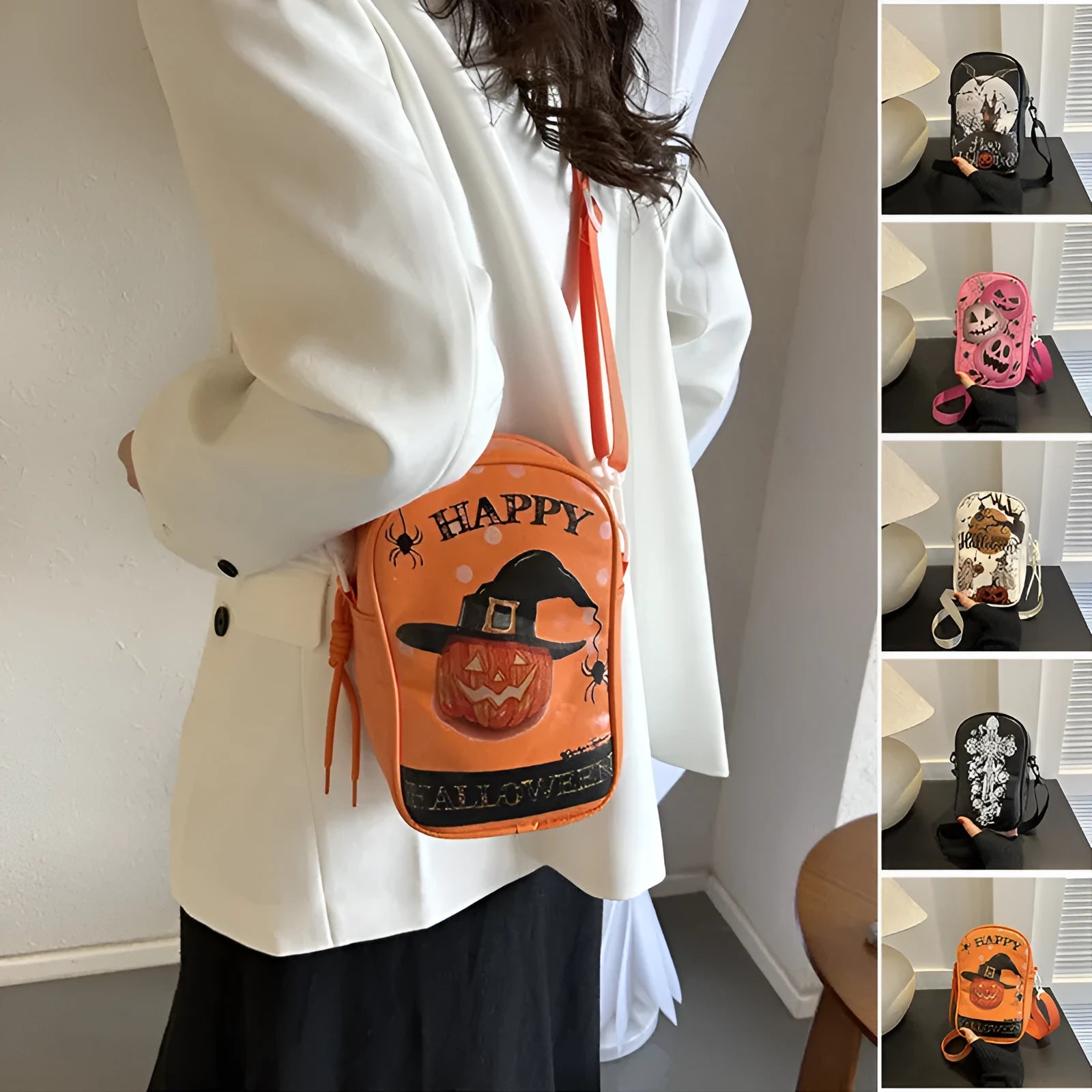 Halloween graffiti PU phone bag with pumpkin ghost bat cartoon print, crossbody shoulder bag