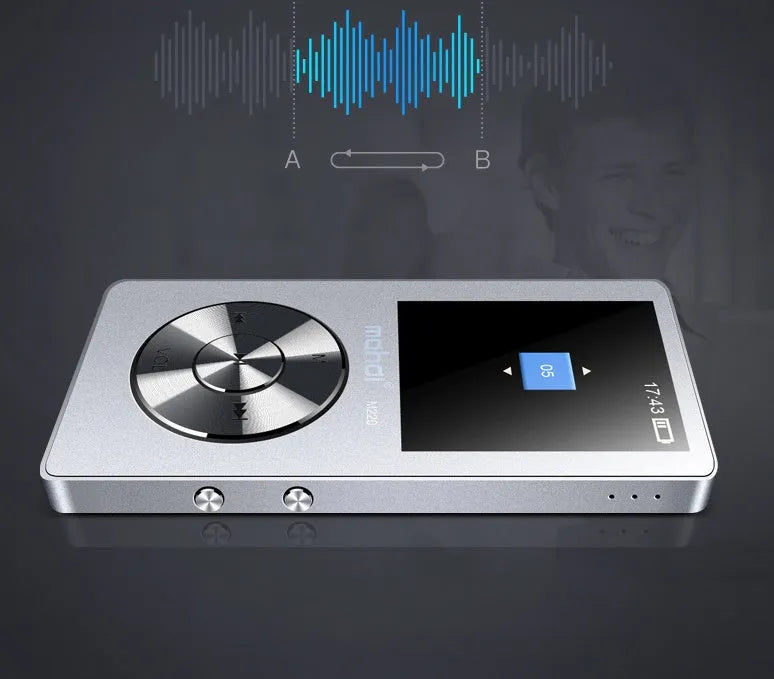 Gold metal MP3 music player with 1.8-inch screen showing menu, placed on a dark surface.