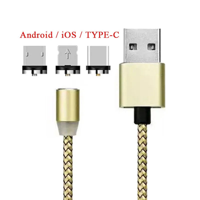 Black magnetic charging cable with LED light and aluminium connectors showing magnetic tip attachment