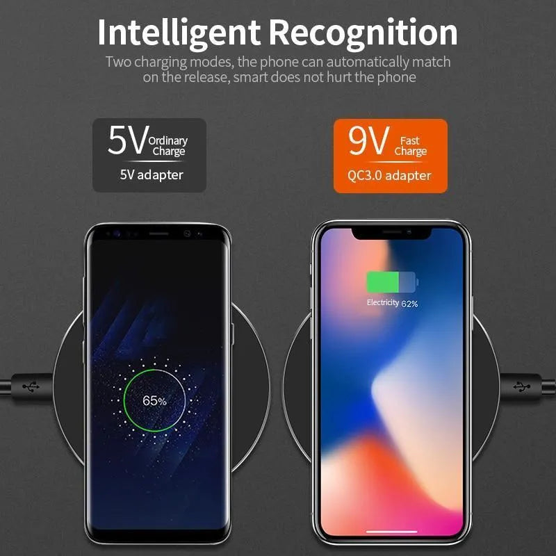 Black ultra-thin wireless charging pad measuring 98mm square with 9V fast charging capability