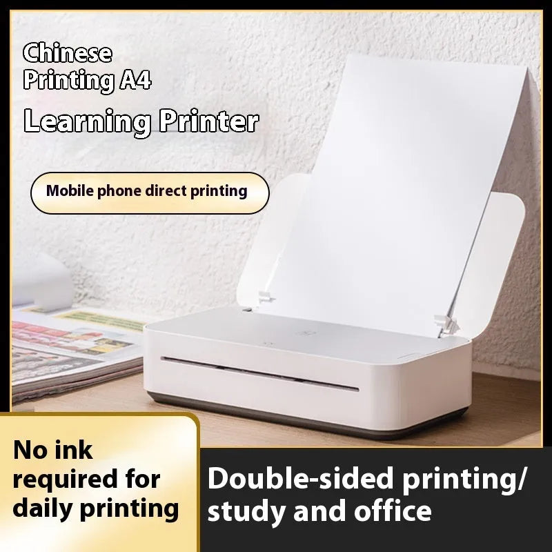 Small white plastic intelligent remote learning printer with a ribbon cartridge on a desk.