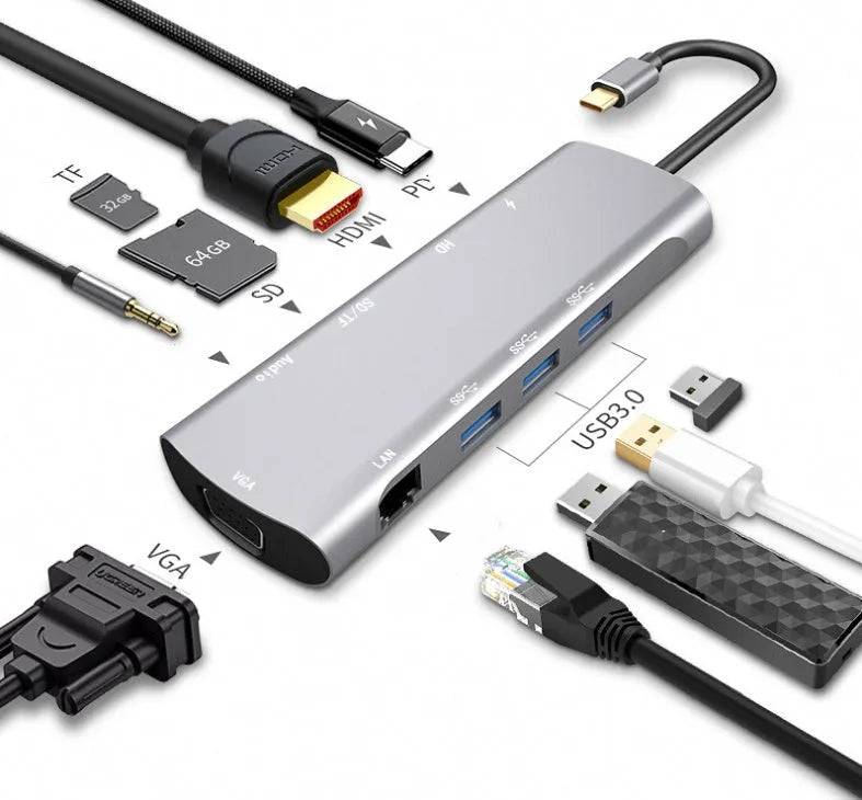 Grey aluminium USB-C docking station with HDMI, VGA, USB and charging ports
