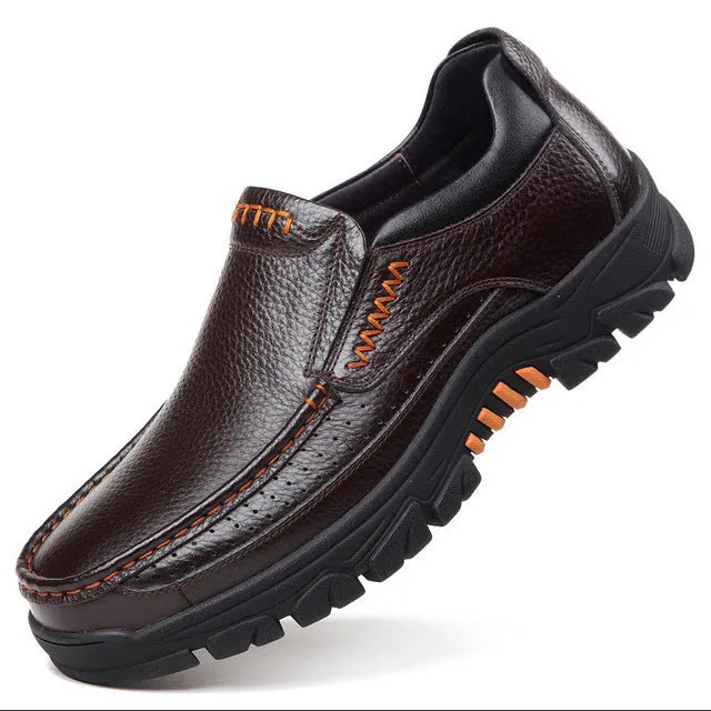Men's black and brown leather business casual shoes with rubber soles.