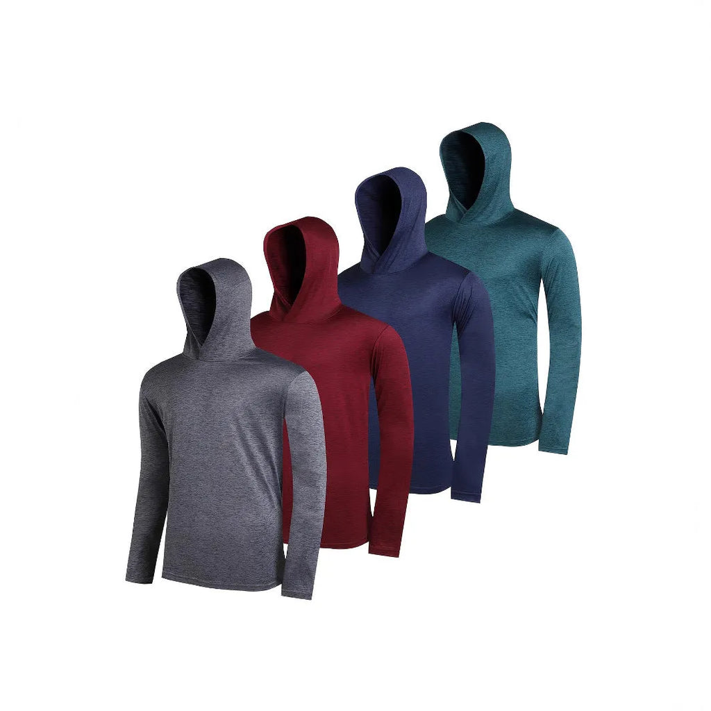 Four men's lightweight hoodies folded, showing elastic polyester fabric and available colour options.