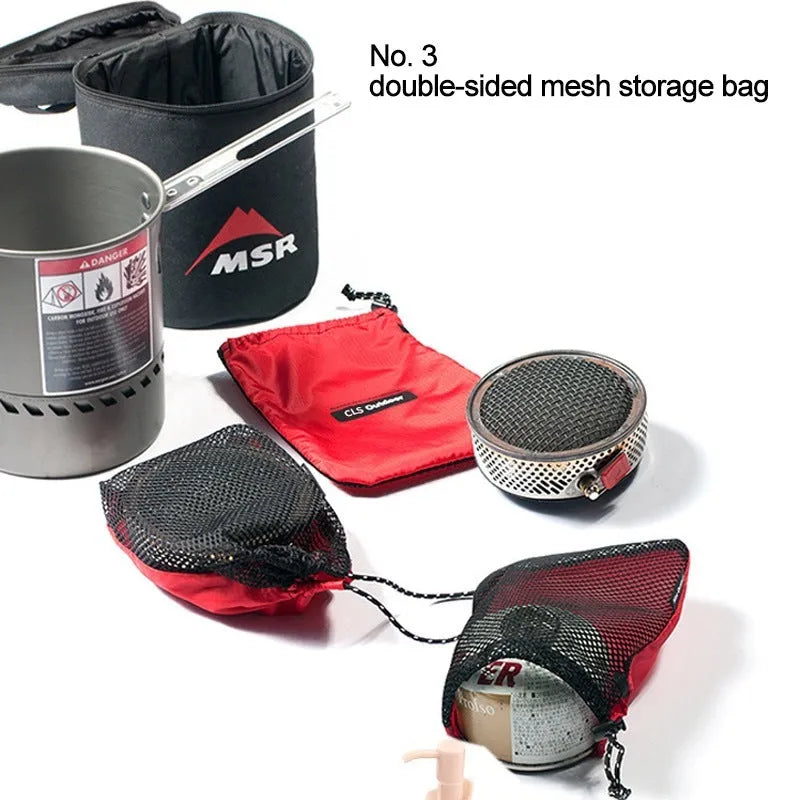 Red five-piece travel toiletry bag set with zipper closures and mesh panels