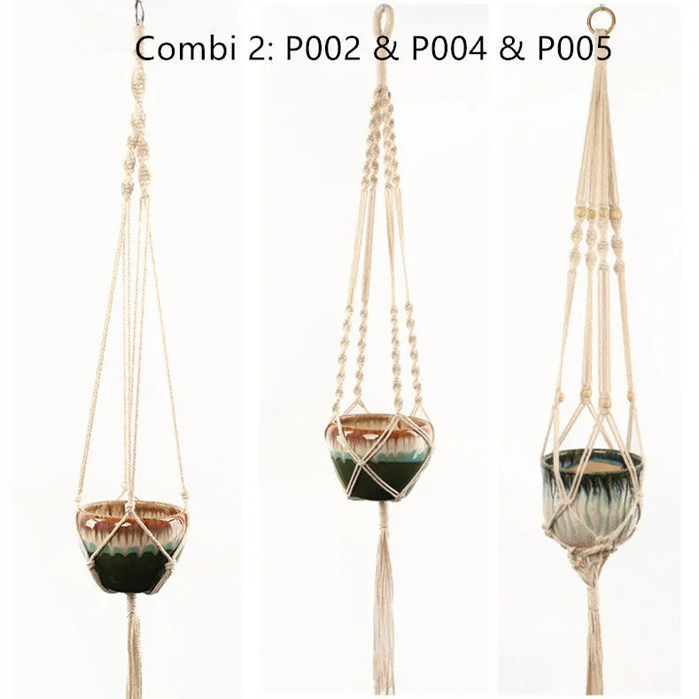 Woven cotton rope plant holder in a desktop style with greenery inside.