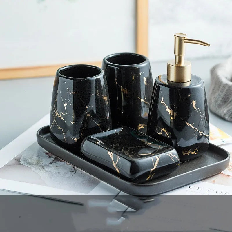 Ceramic bathroom wash set in light luxury style with decal process finish available in black blue or white