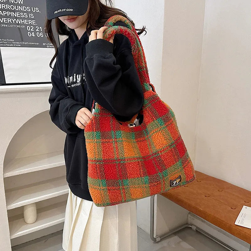 Women's plaid shoulder crossbody tote bag in plush material with large capacity