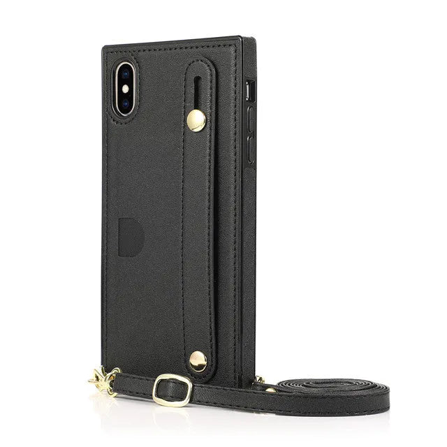 Leather iPhone case with built-in card slot and wrist strap in multiple colours