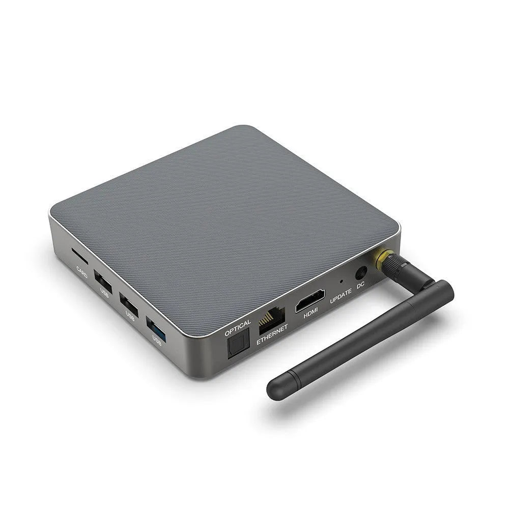 Android 8K TV set-top box with remote control, HDMI cable, and power supply on a white background.