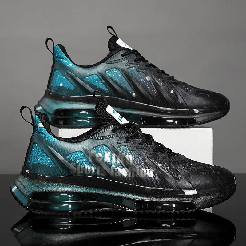 Men's black and green platform running shoes with mesh upper and rubber sole