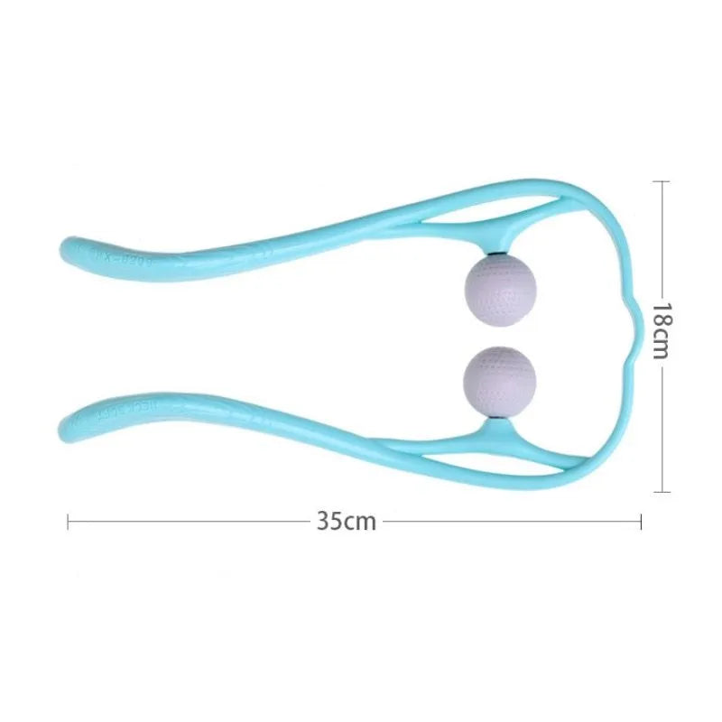 Plastic hand roller neck massager with adjustable stand and removable head in pink, blue, or green colours.