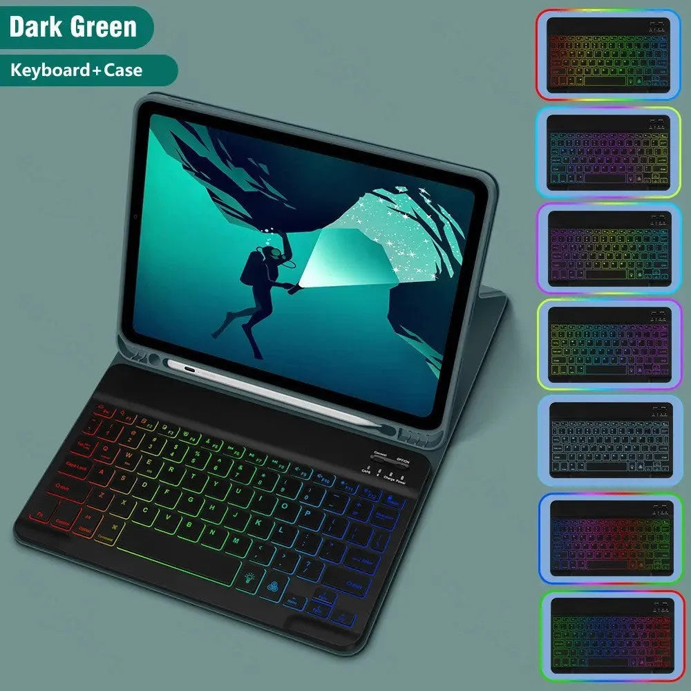 iPad protective case with luminous RGB Bluetooth keyboard and mouse in black leather sheath style