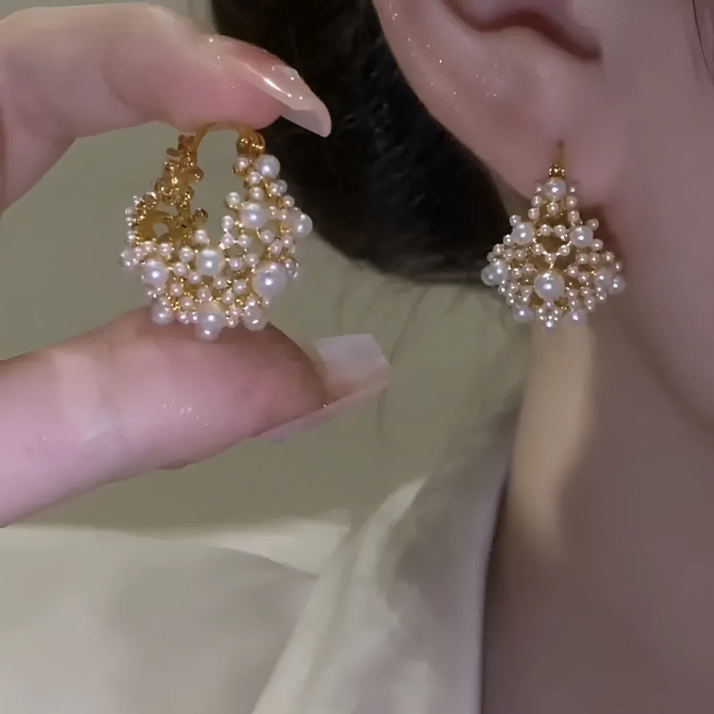Gold copper women's flower basket earrings with small rice-shaped bead pearl inlay
