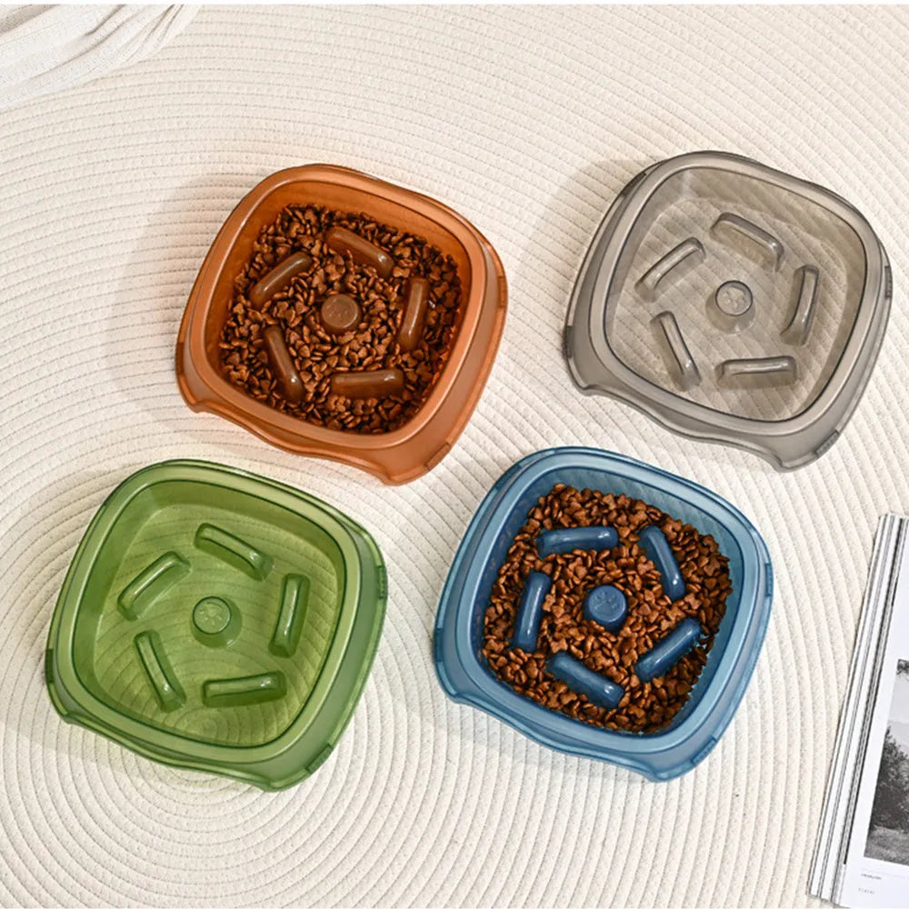 Blue plastic dog slow feeder bowl with anti-choking design for household use