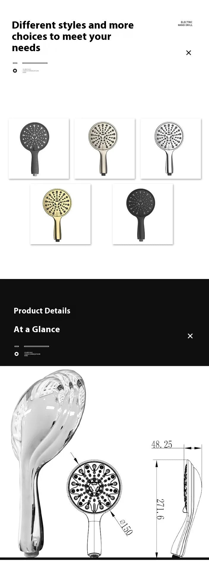 Silver electroplated handheld shower head with six functions including massage and rain settings.