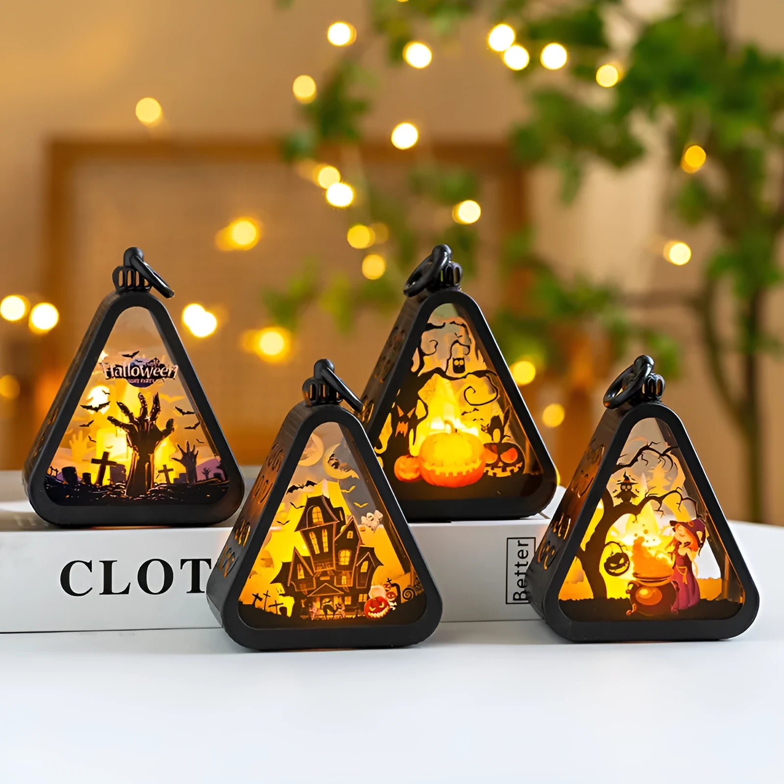 Portable Halloween pumpkin lamp decoration with plastic and glass construction measuring 8.9cm