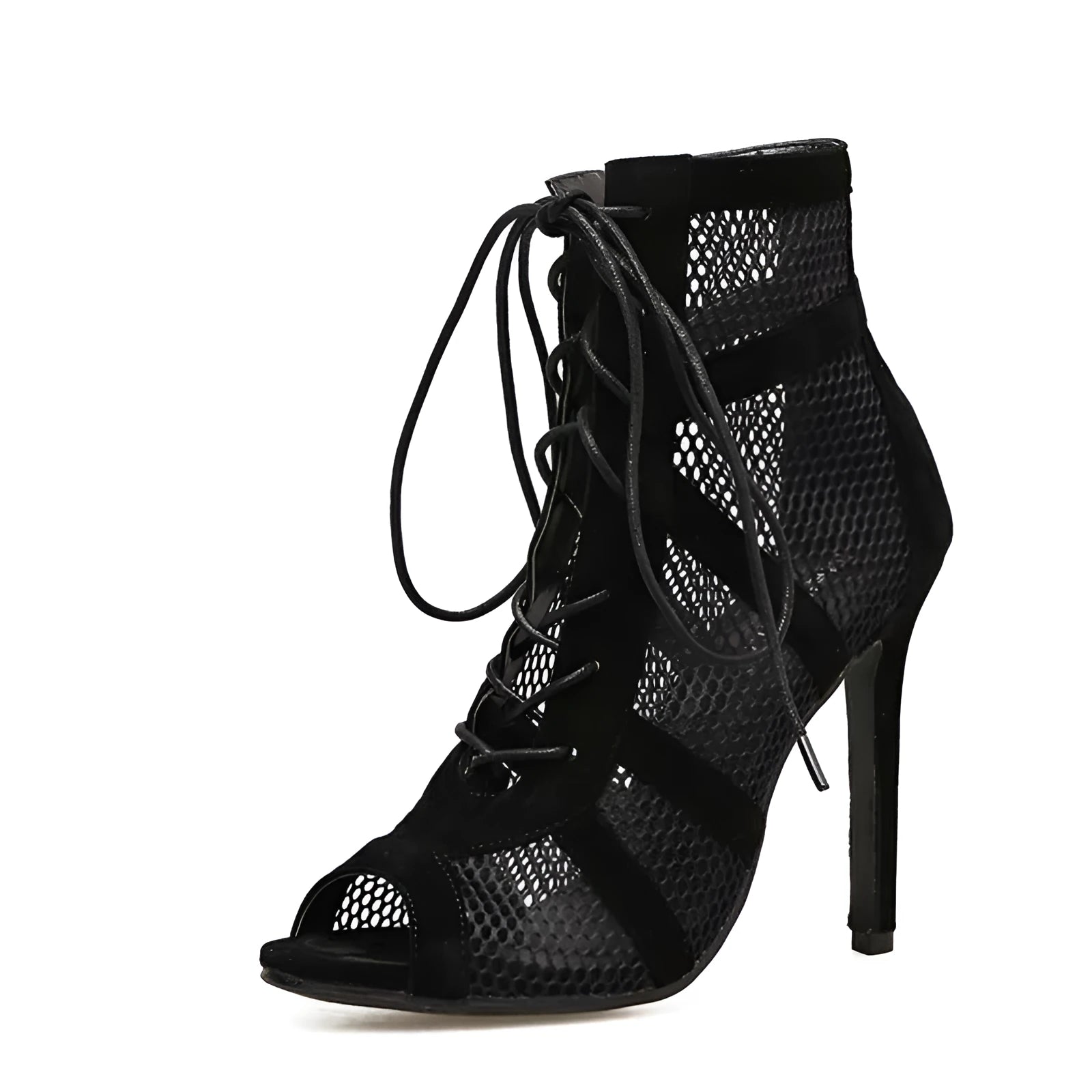 Black suede women's lace-up high heel shoes with 11.5cm heel on wooden floor
