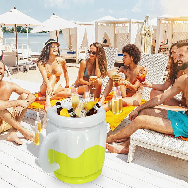 Yellow inflatable PVC ice bucket for drinks cooling at outdoor events.