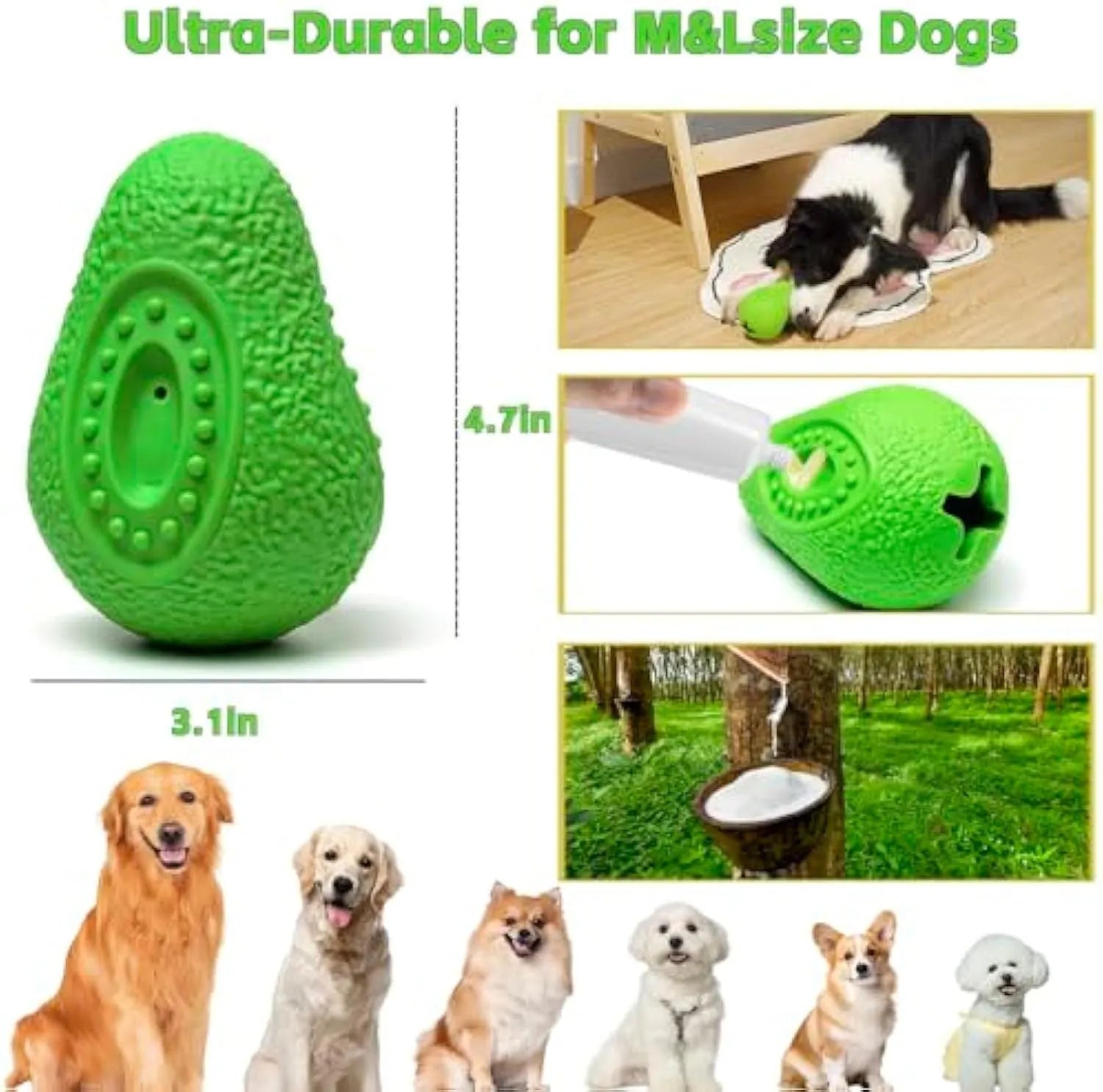 Green avocado-shaped natural rubber dog chew toy with textured surface