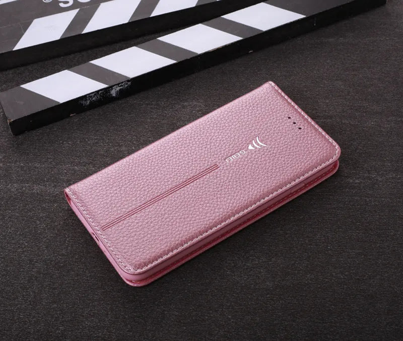 Black PU leather wallet case for iPhone showing card slots