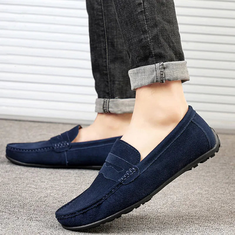 Men's suede slip-on loafers in solid colours with round toe and rubber sole
