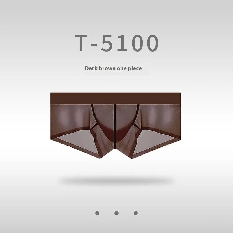 Men's seamless ice silk low waist underwear in chocolate colour showing ultra-thin sheer fabric