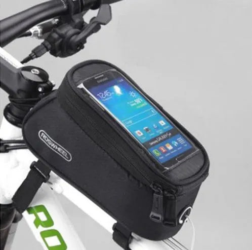 Bicycle frame bag with universal smartphone holder in multiple colours mounted on bicycle handlebars