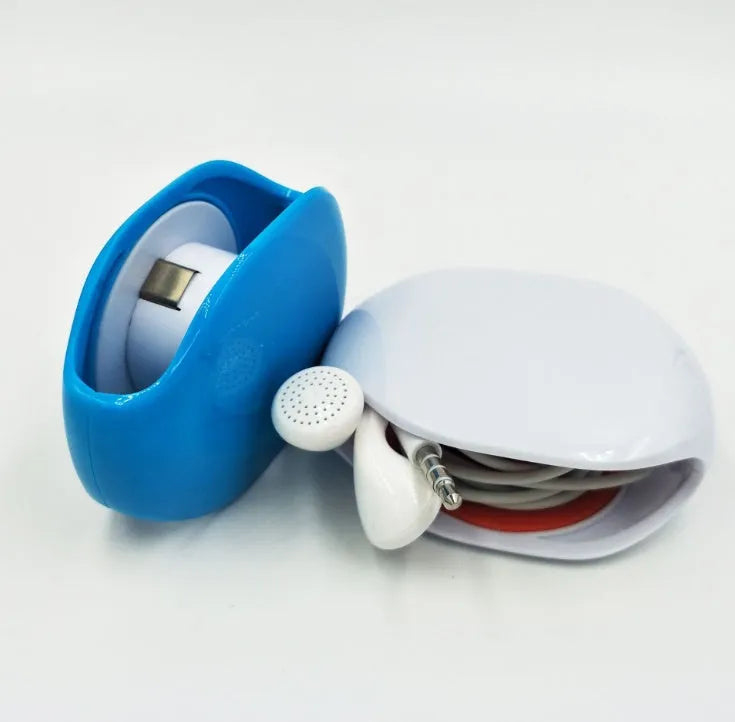 Automatic earphone retractor reel made of PC ABS in black blue and white colors with telescopic winder mechanism