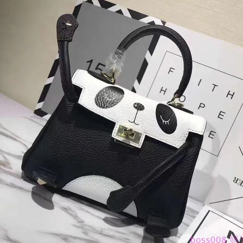 Cow leather panda handbag with animal print pattern in horizontal square design showing printing details