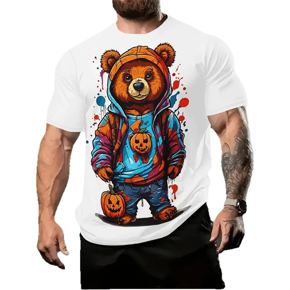 Men's loose-fit light blue T-shirt with a large cartoon character 3D print on the front.