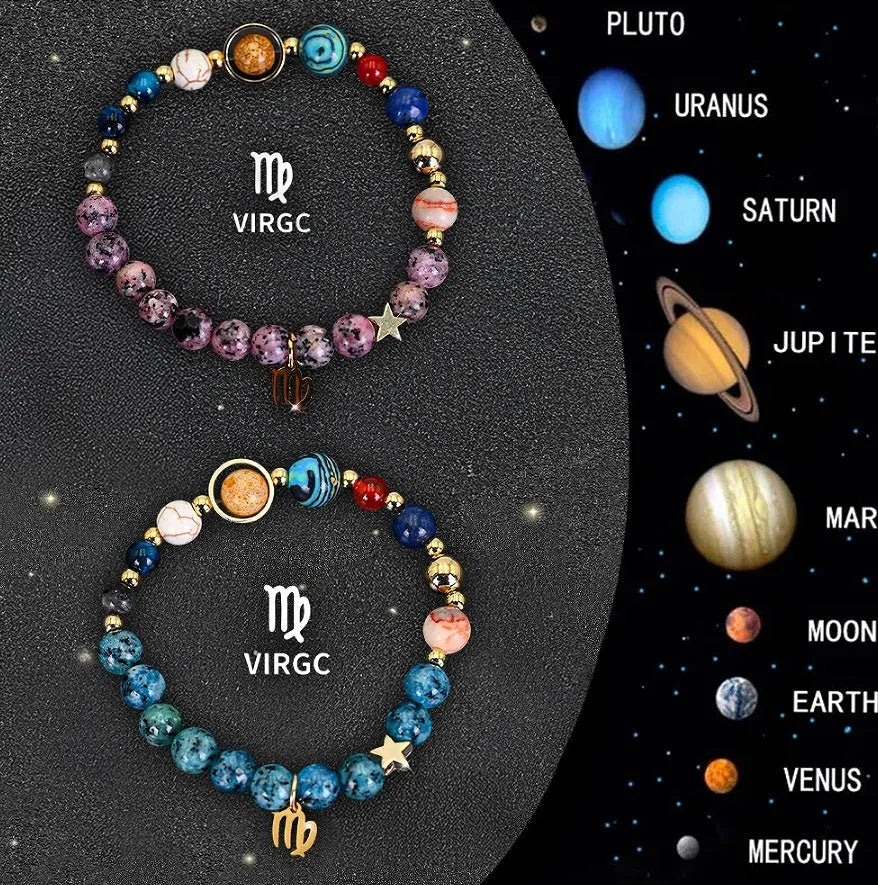 Set of two natural stone beaded bracelets with adjustable strings, showcasing zodiac constellation styles.