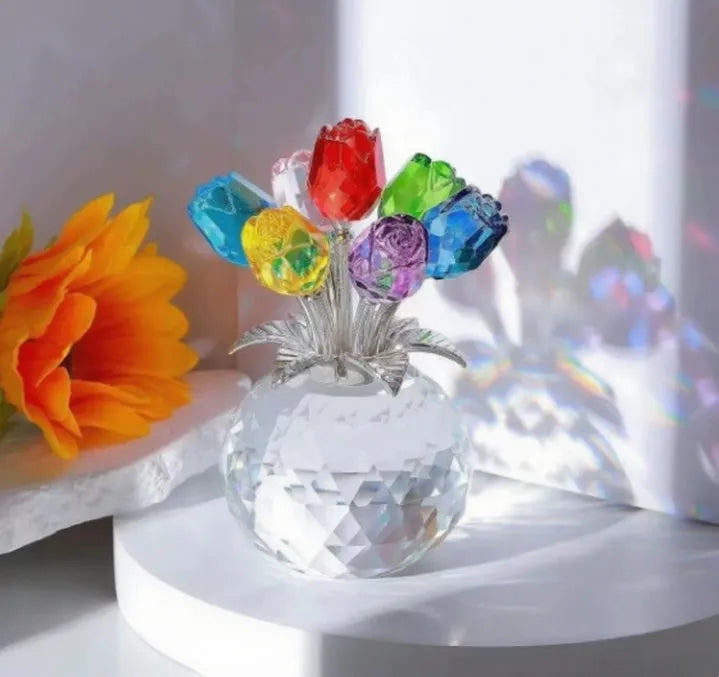 K9 crystal glass rose decoration with geometric shaping in one of seven colour options