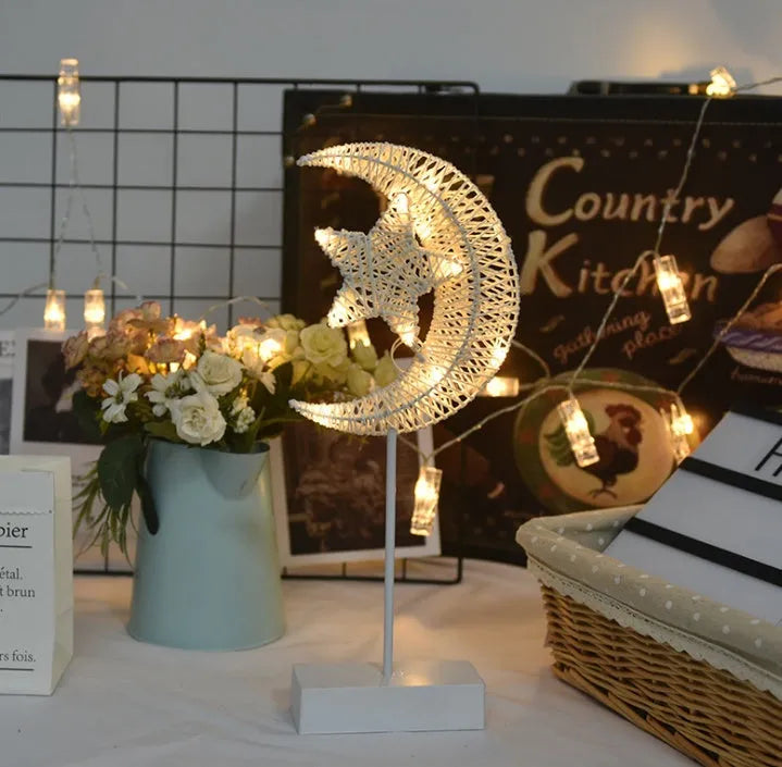 LED string lights with star, heart and moon shapes made from rattan and copper wire for bedroom decoration