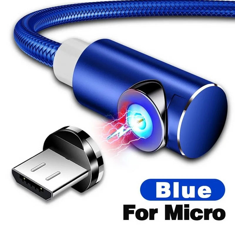 Black magnetic charging cable with aluminium alloy connectors and Micro USB, Type C, and Apple compatible magnetic tips.