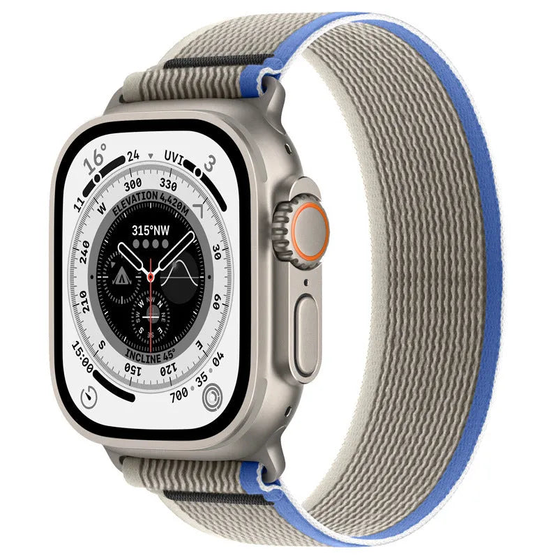 Black nylon Apple Watch band with integrated ring closure on a 44mm watch case.